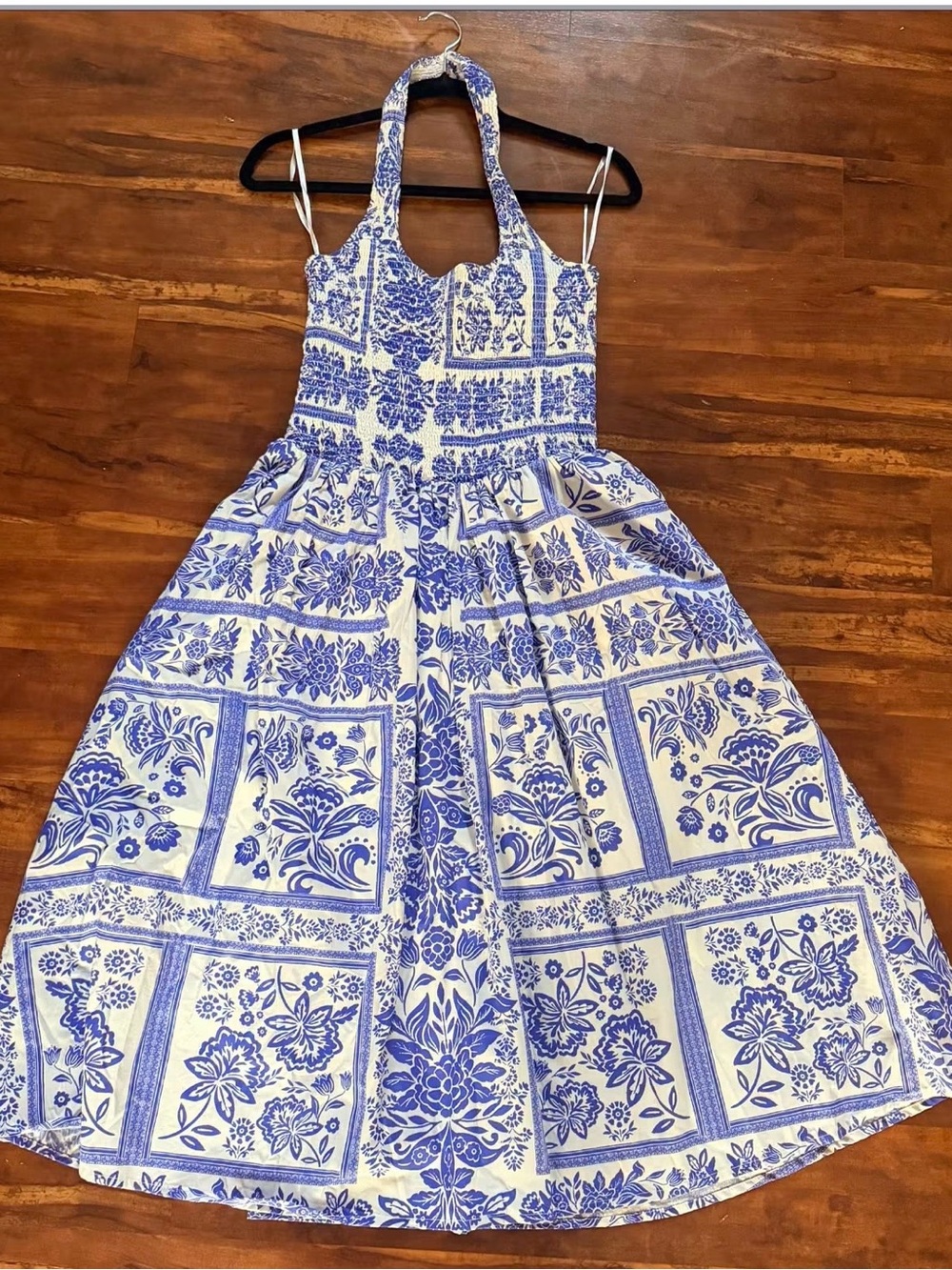 Blue and White Floral Halter Dress